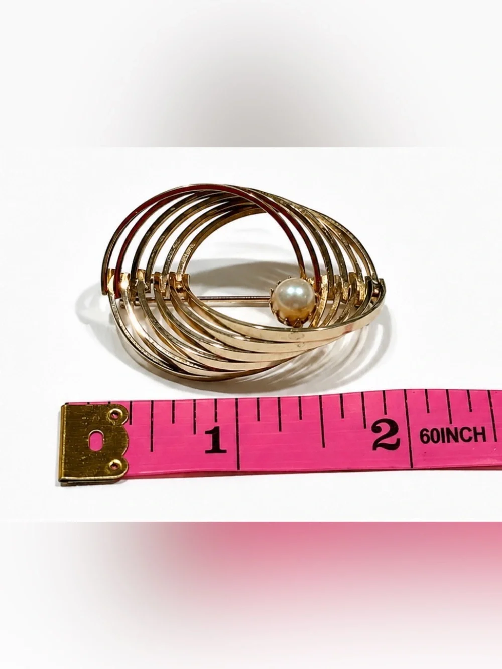Vintage Gold Tone Swirl Brooch Faux Pearl Accent